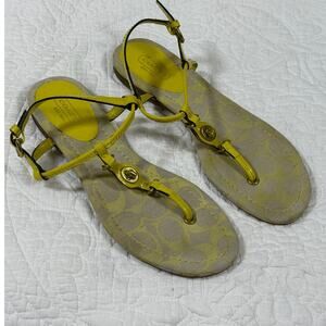 Coach Women’s 7 Yellow Patent Leather Flat Sandals Designer Summer Shoes Luxury
